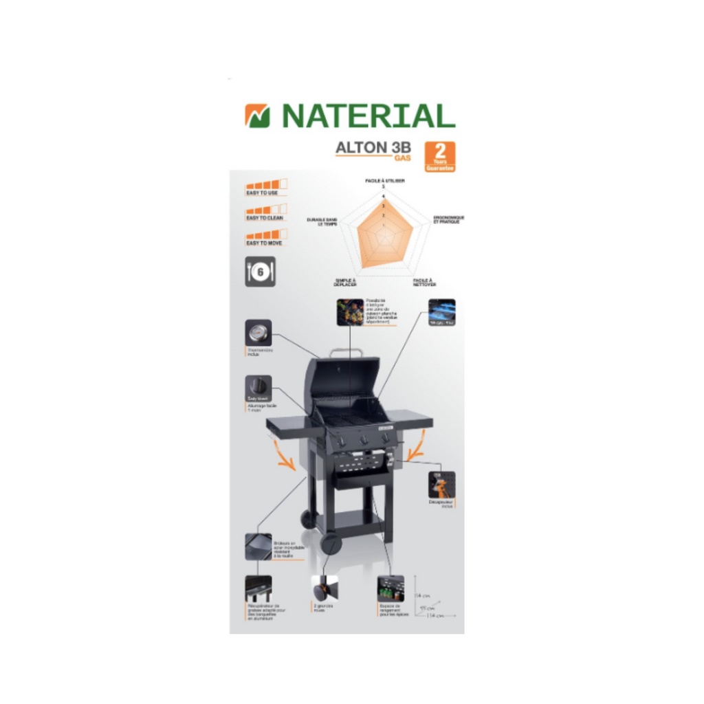 Barbecue au gaz – 114 x 55 x 114 cm – NATERIAL Alton, 3 brûleurs, noir