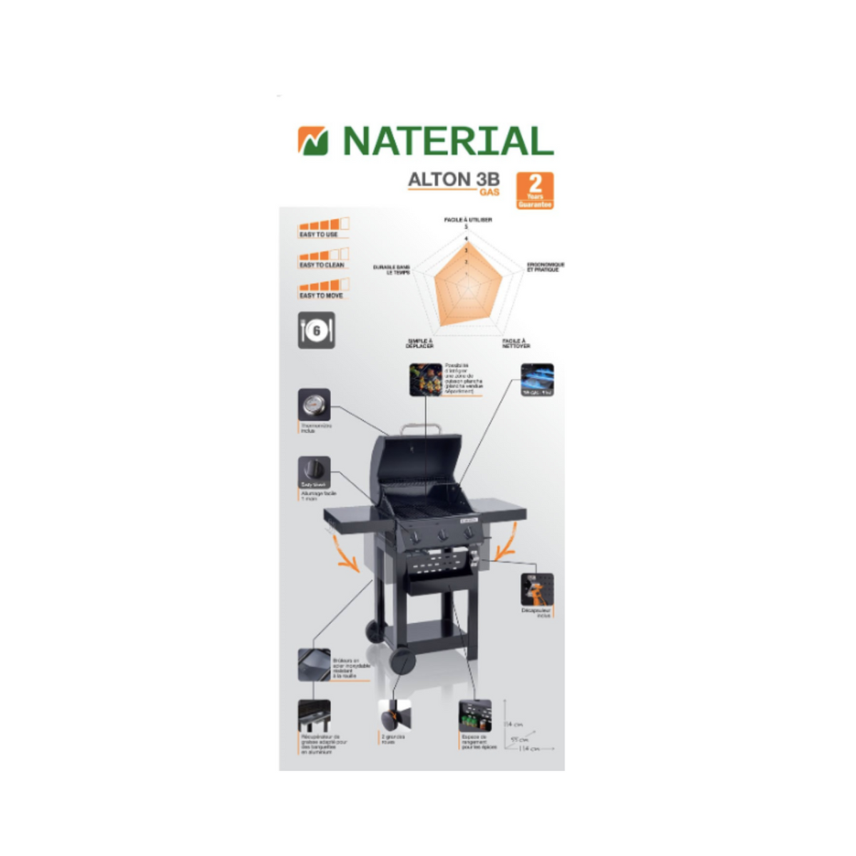 Barbecue au gaz – 114 x 55 x 114 cm – NATERIAL Alton, 3 brûleurs, noir
