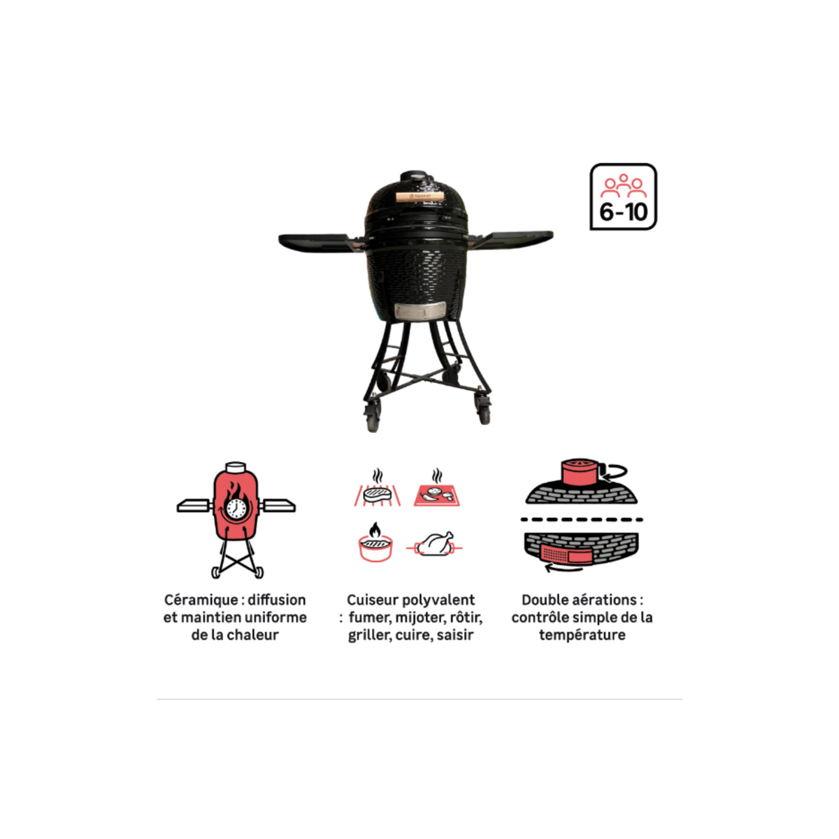 Barbecue Kamado Céramique Charbon NATERIAL Drago Noir ⌀46 cm avec housse